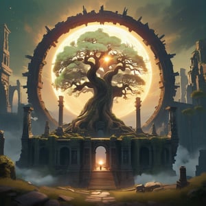 Add ancient ruins to the image while keeping the central tree intact, in the style of Dark Souls Elden Ring.
