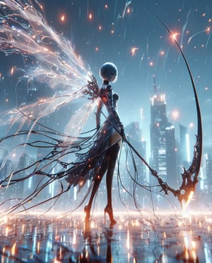 3d blender, 3d graphics unreal 5, final fantasy, realistic,minimalism,woman, knight darksoul ,long scythe spider legs,  wings from the blade, tokyo ghoul,cyberpunk,raw photo,cityskyline, lighting, intricately detailed,Electric spark, Flying embers, fireflies, cinematic, water effect, white blue oragen red, cinematic, fantastic background, ghost blade art style,fantastic,digital art,high detail,high detail skin,real skin,8k, high resolution, high quality