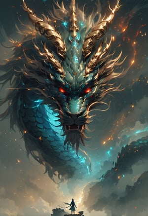 minimalism style, WLOP art style, facial muscles,  eye light, dragon behind, cinematic foootage,  fantasy, intricate details,8k post production,dark green blue red white gold tone