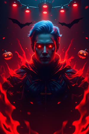 A minimalist, epic dark fantasy scene featuring a King with blue hair and long glowing red flame eyes, surrounded by deep red flames. The image is set against a Halloween theme with a Jack o' lantern, vampire, and bat in the background. The King's face is highly detailed, with cracks and a Christian cross, exuding a sense of mystery and danger. Dramatic lighting from ring lights behind accentuates the dark colors, creating a powerful and dangerous atmosphere. The composition is sharp and high resolution, focusing on the King as the main character.