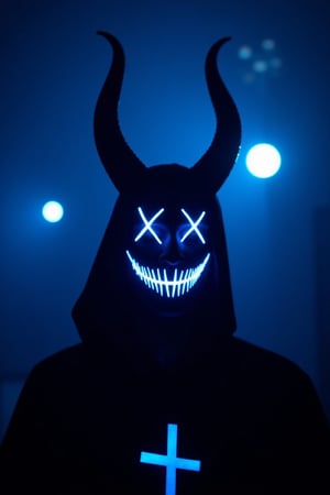 An eye-level perspective with horns on his head. The demon's face is covered in glowing blue lights, creating a striking contrast against the dark background. The figure's head is encased in a black robe, adorned with a white cross, adding a pop of color to the scene. The horns on the head are pointed downward, adding depth to the overall composition. The background is a deep blue, with a few white lights visible in the distance.