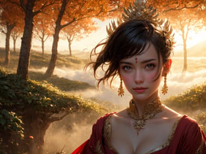 1woman, epic style,sweat on the body,Aphrodite goddess ,Greek mythology,lecherous smiling face,king, army, war ,wide,(blood, meditate, fantastic forest background), Many strands ancient characters of softlight enter the body, smock, fog, aurora, looking_at_viewer, rim lighting, vibrant details, hyper-realistic, hand, facial muscles, elegant, super detailed, super realistic, super fine detail depiction, high resolution, abstract beauty, stand, approaching perfection, 