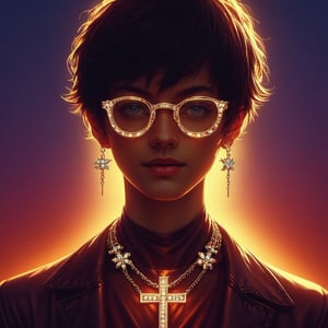 looking at viewer,  jewelry,  glasses,  glowing,  cross, cross necklace