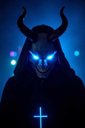 An eye-level perspective with horns on his head. The demon's face is covered in glowing blue lights, creating a striking contrast against the dark background. The figure's head is encased in a black robe, adorned with a white cross, adding a pop of color to the scene. The horns on the head are pointed downward, adding depth to the overall composition. The background is a deep blue, with a few white lights visible in the distance.