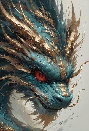 minimalism style, WLOP art style, facial muscles,  eye light, dragon behind, cinematic foootage,  fantasy, intricate details,8k post production,dark green blue red white gold tone