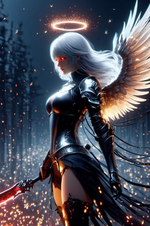 detached sleeves, white, motion blur effect, angel, very long hair, minimalism style, platinu, real skin, high detail skin, hdr, solo, bokeh, thigh boots, night, shoulder armor, ghostly beauty, looking at viewer, blurry, raw photo, fantastic, ghost blade art style, red eyes, 3d, big breasts, (((Flying embers, fire, fireflies, light rain, Flying embers background))), high quality, cloud, halo, yorha no. 2 type b, hair flower, sexy, royal