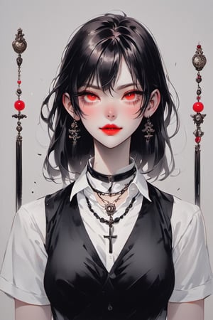 1girl, solo, long hair, looking at viewer, bangs, brown hair, shirt, black hair, hair ornament, red eyes, jewelry, white shirt, upper body, short sleeves, sidelocks, parted lips, detached sleeves, wings, blunt bangs, necklace, hair bun, vest, lips, book, bell, double bun, makeup, lipstick, tassel, light particles, beads, black vest, red lips, bead necklace, book stack