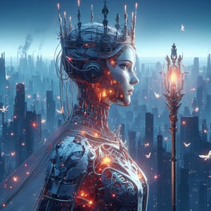 3d blender, realistic,minimalism,woman, darksoul game seri, medieval  Scepter,, knight, stable diffusion,cyberpunk, cityskyline, lighting, intricately detailed,Electric spark, Flying embers, fireflies, cinematic, 12k, water effect, white blue oragen red, cinematic, fantastic background, ghost blade art style,fantastic,digital art,high detail,high detail skin,real skin,8k, highresolution, high quality, line code with glowing ancient king characters