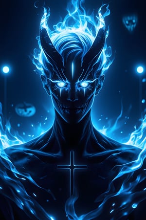 fullbody, A minimalist, epic dark fantasy scene featuring a man with blue hair and long glowing red flame eyes, surrounded by deep blue flames. The image is set against a Halloween theme with a Jack o' lantern, vampire, and bat in the background. The King's face is highly detailed, with cracks and a Christian cross, exuding a sense of mystery and danger. Dramatic lighting from ring lights behind accentuates the dark coloful colors, creating a powerful and dangerous atmosphere. The composition is sharp and high resolution, focusing on the King as the main character.