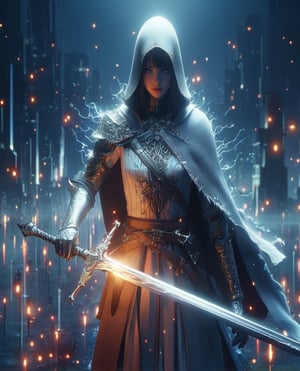 3d blender, realistic,minimalism,woman, darksoul game seri, medieval sword, knight, stable diffusion,cyberpunk, cityskyline, lighting, intricately detailed,Electric spark, Flying embers, fireflies, cinematic, 12k, water effect, white blue oragen red, cinematic, fantastic background, ghost blade art style,fantastic,digital art,high detail,high detail skin,real skin,8k, highresolution, high quality, line code with glowing ancient king characters