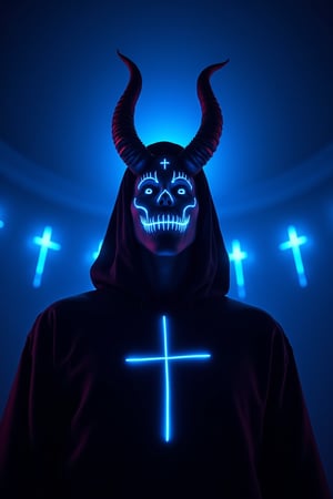 An eye-level perspective of a demon demon with horns on his head. The demon's face is covered in glowing blue lights, creating a striking contrast against the dark background. The figure's head is encased in a black robe, adorned with a white cross, adding a pop of color to the scene. The horns on the head are pointed downward, adding depth to the overall composition. The background is a deep blue, with a few white lights visible in the distance.