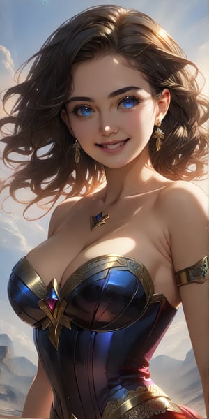 (masterpiece:4.2),(best quality:4.2), 8k, 
(high detailed:4.2), (ultra-detailed:4.2),
A stunning girl with an ethereal presence,
1 Wonder Woman, (graceful posture),(flowing black hair),(expressive eyes and bright smile),
(elegant and charming demeanor),
(radiant like a blooming flower)),