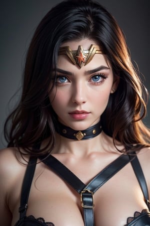 (NSFW), (masterpiece), (best quality), (beautiful detailed eyes:1.3), 8K, HDR, wonder woman, 8K, (masterpiece), photorealistic, best quality, portrait, perfect antomy, mature women, long black hair, Elegant and intelligent, seductive eyes, sexy lips, (Garter), (bdsm)