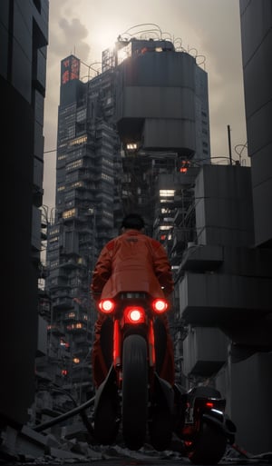 Full body shot centered simetry, TETSUO from AKIRA viewed from back, ride motorcycle, at rain mist night, red neon, wires intalations, electrical box , brutalism, natural light, backlighting, blurry_background, portrait shot, fullbody, extreme high angle shot, wide angle shot, 2077_Style, movie scene