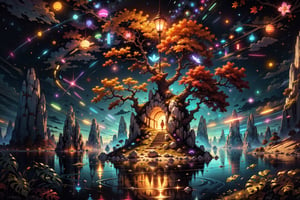(high res) ,(masterpiece:1,2), (best quality), autumn, surrealism (karst bay at night:1.2), opalescence trees, neon flowers, whimsical, beautiful,no_humans