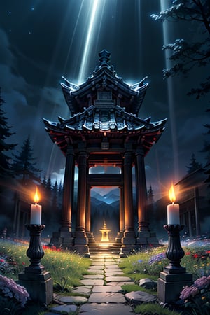 stone spirit temple in a meadow, at night, flowers, candles, light rays