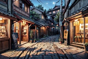 serene alley at night, noodles shop, plants, gingko tree, cobblestone street,Science Fiction,yofukashi background,no_humans