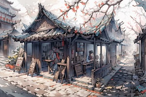 (high res) ,(masterpiece:1,2), (best quality), kyoto coffee shop building, wooden, exterior, traditional, plants, long shot, eye level, High detailed, color boost,Color Booster,niji,ChineseWatercolorPainting