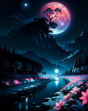 (high res) ,(masterpiece:1,2), (best quality), surrealism (Super Blue moon at night:1.2), in the style of Eyvind Earle, opalescence trees, neon flowers, whimsical, beautiful,no_humans