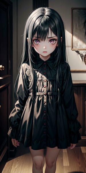 Little girl, emo, Long loose black hair covering right eye, big back pupils, white sclera, faded white skin, scar on left eye, short, long sleeved black buttoned dress, red rose in hair, full body,herzha