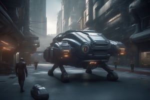 cinematic shot of a science fiction ground vehicle roaming in a futuristic city, cinematic lighting