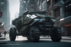 cinematic shot of a science fiction military ground vehicle roaming in a futuristic city, cinematic lighting