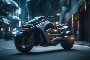cinematic shot of a science fiction hovering motorbike roaming in a futuristic city, cinematic lighting