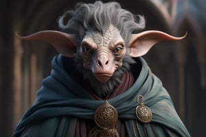 cinematic close up shot, powerful pose, intimidating look, a fantastical creature that blends the best of human, animal, and mythical traits, wearing a worn out robe, worn out old mage outfit, worn out scarfs flying in the air around the neck,