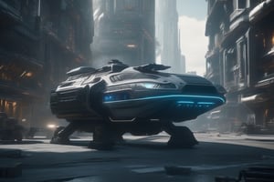 cinematic shot of a science fiction ground vehicle roaming in a futuristic city, cinematic lighting