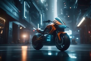 cinematic shot of a science fiction hovering motorbike roaming in a futuristic city, cinematic lighting