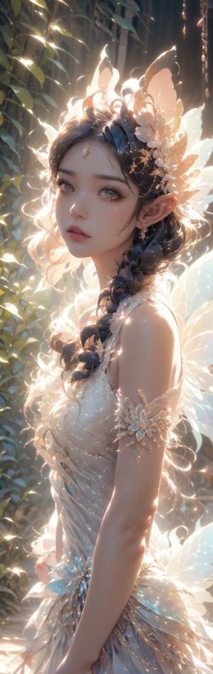 A Ultra realistic, a stunningly girl in white dress, ornaments, flirting, filigree, colorful, sparkels, highlights, digital art, masterwork, white hair, garden, amber eyes, dark theme, soothing tones, muted colors, high contrast, (natural skin texture, hyperrealism, soft light, sharp),fairy