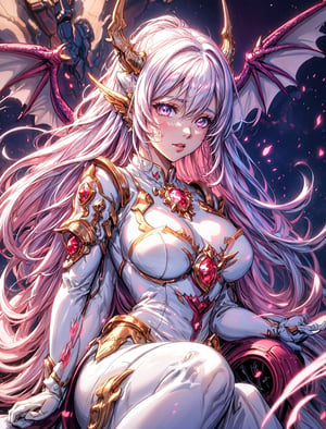 masterpiece, 1 girl, Extremely beautiful woman sitting at the edge of a lake with very large glowing dragon wings, glowing hair, long cascading hair, white hair, crimson dress with white skirt, dawn, full lips, hyperdetailed face, detailed eyes, dynamic pose, cinematic lighting, pastel colors, perfect hands, dragon girl, girl with dragon wings, dark fantasy