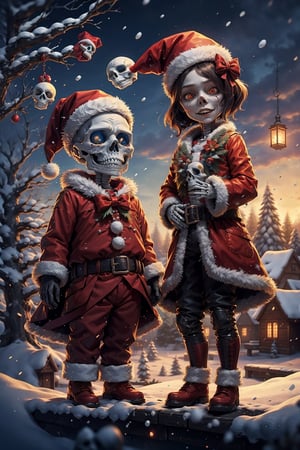 santa costume, skeleton, santa hat, dress, skull, tree, flower, snow, fur trim, glowing, 1girl, bow, sky, 1boy, outdoors, belt,Santa Claus