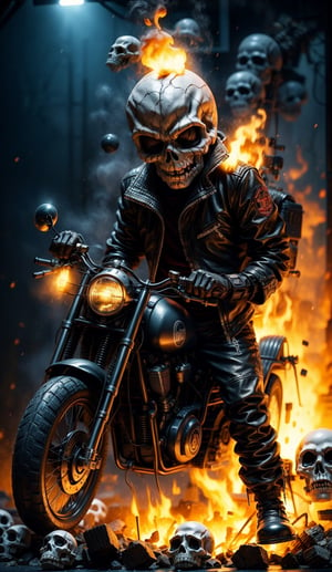 gost rider,ember,solo,Skulls,Skulls on fire, gloves, 1boy, jacket, male focus, boots, pants, black jacket, parody, fire, motorcycle, motor vehicle, leather jacket,night

