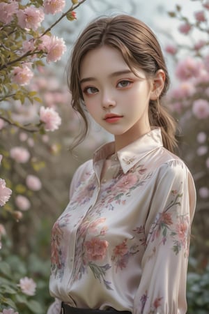 1 girl, solo, detailed eyes, blink and youll miss it detail, silk shirt, outdoors, flower garden, high quality, floral background, very detailed,wonder beauty ,Enhance,JeeSoo

