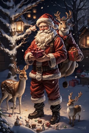 santa claus, reindeer, facial hair, male focus, beard, santa costume, lantern, santa hat, snow, sack, boots, rabbit, tree, belt, gift, candy, deer, animal
