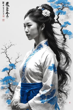 duotone white and blue,1girl,flowers,cheongsam,Embroidery,Long hair, , white hair,(blindfold),The wind blows, close-up,chinese dragon
,oil paint