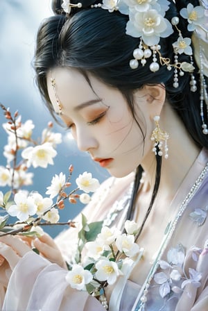 1girl, flower, hair ornament, closed eyes, hanfu, hair flower, long hair, mole, black hair, closed mouth, upper body, branch, beads, profile, jewelry, from side, holding, pearl \(gemstone\), makeup