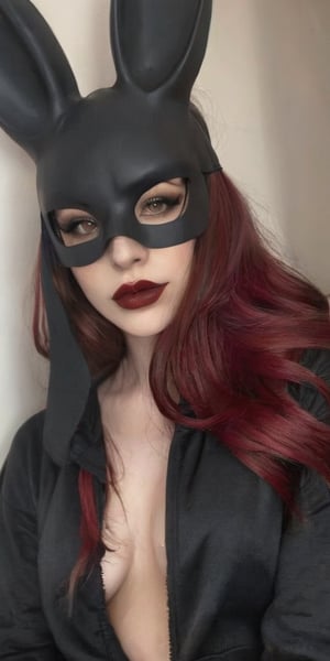bunny mask, Generate hyper realistic image of a beautiful woman with dark red, lustrous hair cascading down, wearing a black oversized hoodie. Her long hair partially covers her face as she looks shyly at the viewer. Adorned in gothic makeup with big red lips and a pale complexion, she exudes a teasing smile inside a dimly lit bedroom. The contrast between the cozy oversized hoodie and the gothic allure adds a unique charm to the scene.,