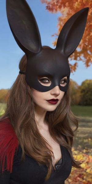 bunny mask,Generate hyper realistic image of a beautiful woman with lustrous chocolate brown hair cascading down to her waist. She wears a dark black sweater, and her long hair partially frames her face as she looks directly at the viewer. Adorned in gothic makeup with big dark red lips and a pale face, she stands outside in the crisp autumn air. With a confident smile, she emanates an enchanting gothic charm amid the fall foliage.,