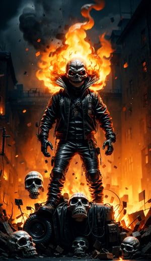 gost rider,ember,solo,Skulls,Skulls on fire, gloves, 1boy, jacket, male focus, boots, pants, black jacket, parody, fire, motorcycle, motor vehicle, leather jacket

