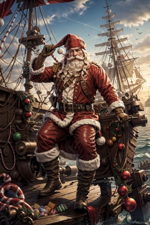 santa claus, santa costume, candy cane, santa hat, ship, watercraft, facial hair, multiple boys, military, food, boots, beard, male focus, gloves, pirate, military vehicle, mustache, weapon, belt, flag