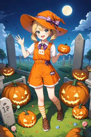 score_9, score_8_up, score_7_up, source_anime, rating_safe, smiling girl in a custom made mascot costume standing on the graveyard in the daytime, waving, pumpkin tops, shirt shaped like a pumpkin, pumpkin bottoms, shorts shaped like a pumpkin, pumpkin footwear, shoes shaped like a pumpkin, pumpkin headwear, hat shaped like a pumpkin, yellow and purple striped knee-high socks, outdoors, lawn, tombstone, jack-o-lantern, full body, candies box, sfw,