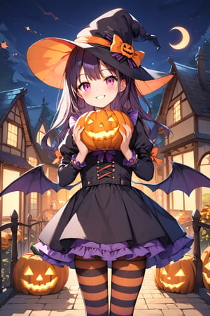 score_9, score_8_up, score_7_up, source_anime, rating_safe, slightly sexy and cute girl is standing there wearing a slightly revealing witch costume and a succubus-like bat wings headwear, purple and black striped pantyhose, smile, blush, jack-o'-lantern, halloween, outdoors, evening, sfw,