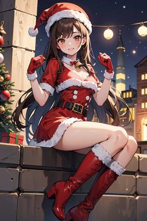 (absurdres, highres, ultra detailed, high resolution: 1.1), 1 girl, solo, smile, medium breasts, brunette hair, long hair, brown eyes, santa, red beret, white collar with bell, red gloves, red dress, red boots, santa girl costume, christmas, holy night, christmas decorations, christmas night, nice hands, perfect hands,