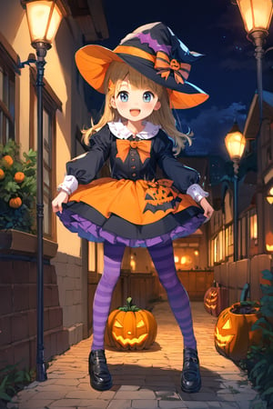 score_9, score_8_up, score_7_up, source_anime, rating_safe, cheerful girl in a Halloween dress and a witch hat standing on the old cobblestone road with jack-o-lanterns around it, hat with pumpkin mascots, cute dress, puffy long sleeves, yellow and purple striped tights, jack-o'-lantern, halloween, open arms, standing, legs apart a little, pumpkin, lights leaking from a restaurant, pantyhose, outdoors, night, sfw,