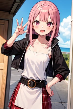 (absurdres,  highres,  ultra detailed,  high resolution: 1.1),
BREAK
1girl, solo, medium breasts, smile, blush, open mouth,
BREAK
pink hair, pink eyes,
BREAK
hand on hip, V-sign, peace sign, blue sky,
BREAK
nice hands, perfect hands,