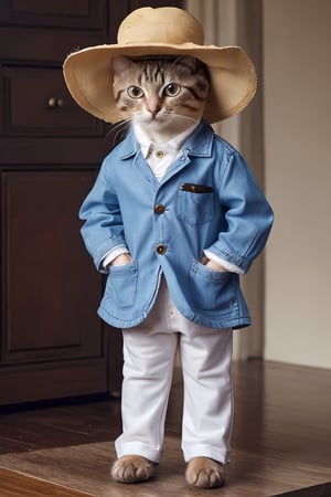 (absurdres, highres, ultra detailed, high resolution:1.1), cat, realistic, non-human, hairy, hat, cute, full body, (dressed animal, clothed animal:1.2),