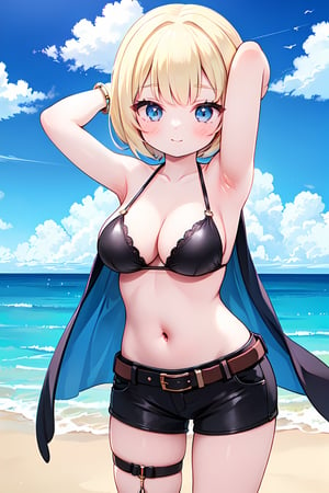 (absurdres,  highres,  ultra detailed,  high resolution: 1.1)
BREAK
1girl,  solo, large breasts,  smile, looking at viewer,
BREAK
breasts, swimsuit, bikini, eyewear on head, sunglasses, white bikini, navel, armpits, thigh strap, jewelry, cleavage, blonde hair, bracelet, arms up, short hair, blue eyes, belt, blush, thighs, arms behind head, closed mouth, bead bracelet, bangs, beads
BREAK
sky, cloud, ocean, day, blue sky, outdoors, cowboy shot,
BREAK
nice hands,  perfect hands,