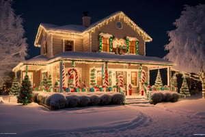 ((absurdres, masterpiece, best quality, ultra detailed, high resolution, very fine 8KCG wallpapers, cinematic lighting)), (candy cane house), snowy scene, Christmas illuminations, snowfall, house made of sweets, A world decorated with sweets, magical, fairytale, dream-like world, Christmas lights, candy cane gingerbread house,